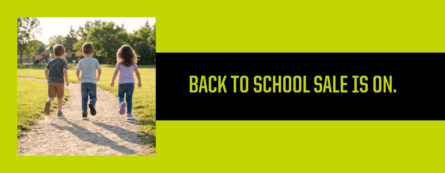 Back to School Sale Banner with 3 little kids running down a path