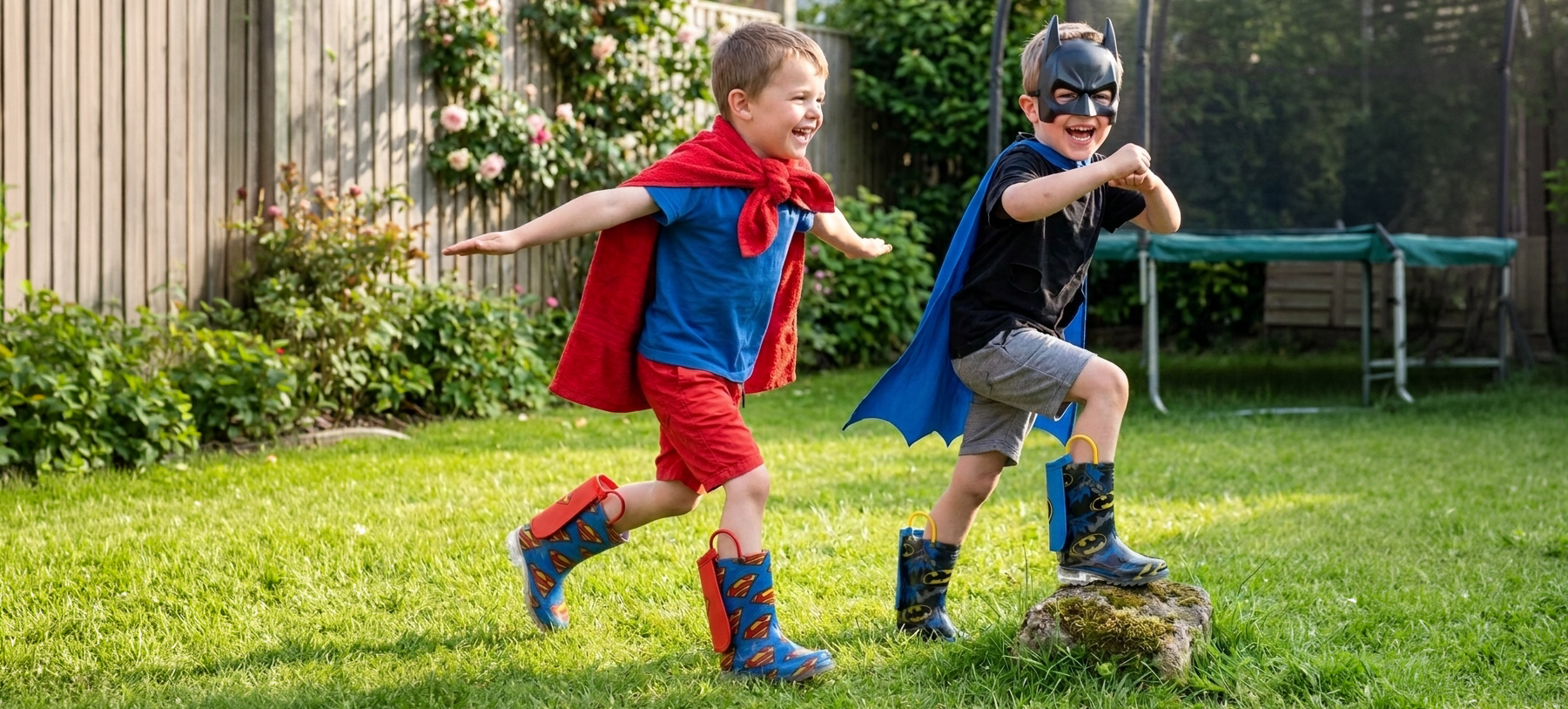 Two boys running wearing Western Chief Superman and Batman Boots - contains-synthetic-performer