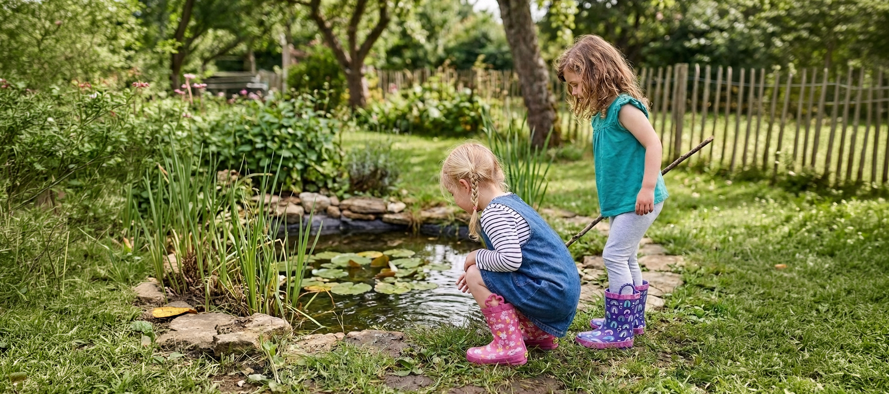 Two little girls wearing Western Chief Daisy Dot and Rainbow Hearts Boots by a pond - contains-synthetic-performer