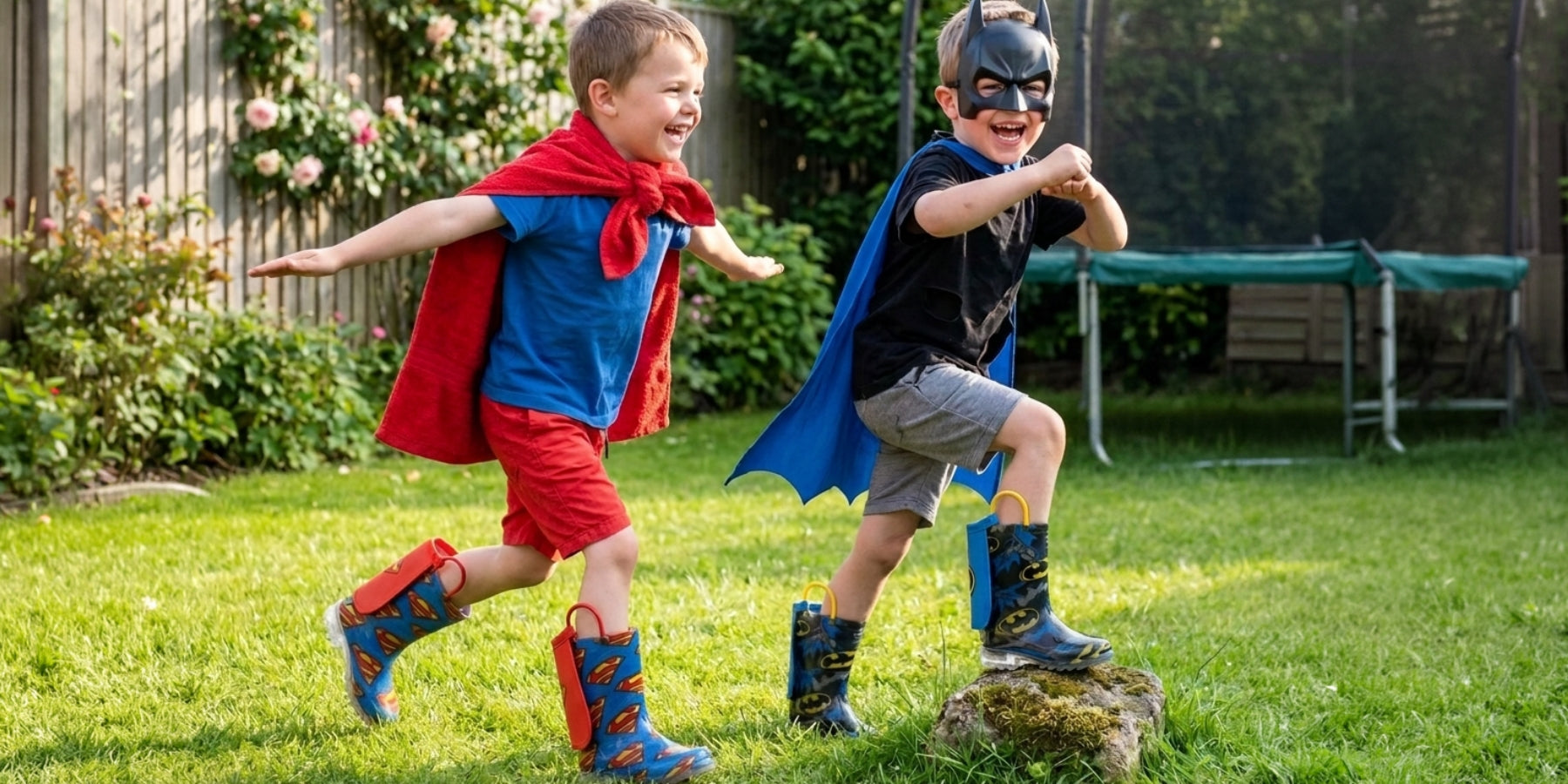 Two boys running in the grass, one with Superman Lighted Boots, one with Batman Lighted Boots. contains-synthetic-performers