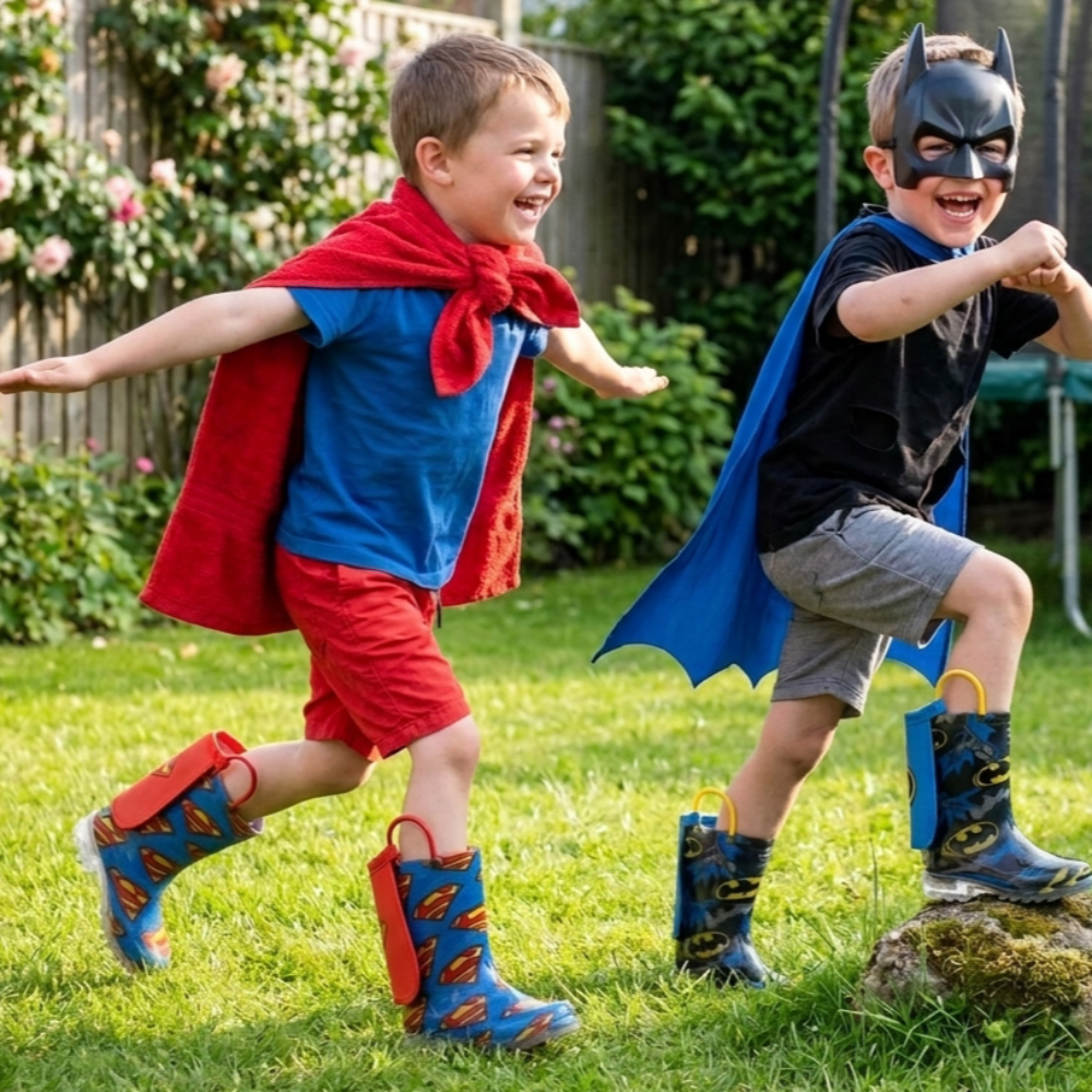 Two boys running in the grass, one with Superman Lighted Boots, one with Batman Lighted Boots. contains-synthetic-performers