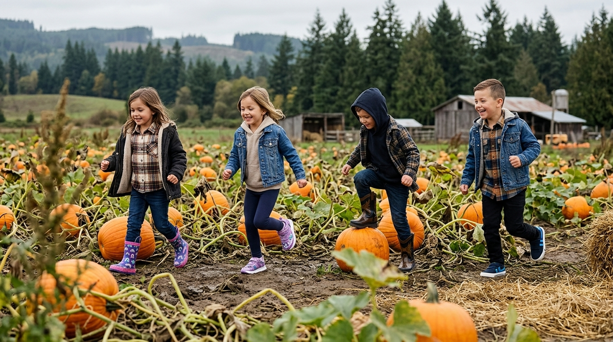 kids running through a pumpkin patch field wearing rain boots and sneakers contains-synthetic-performers