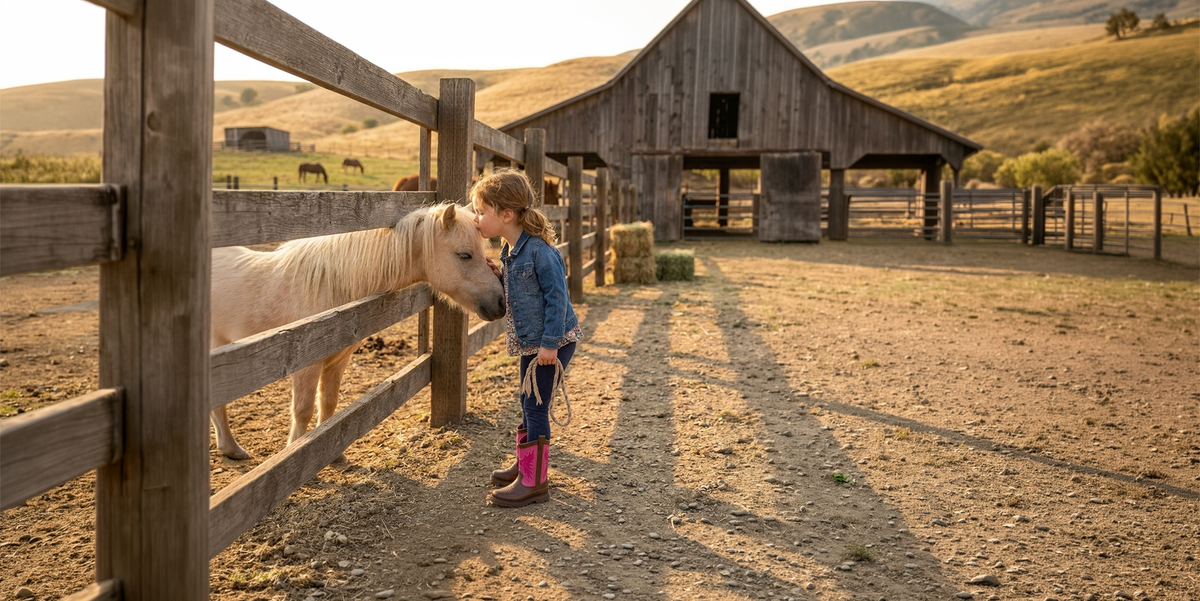 girl wearing pink and brown cowboy boots kissing a pony on the other side of the fence contains-synthetic-performers