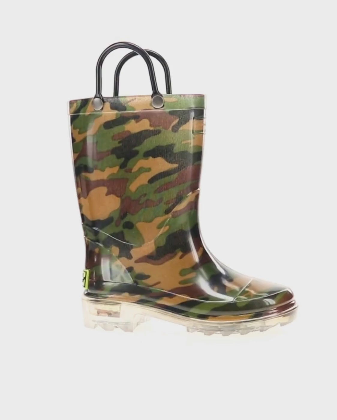 Kids camo lighted rain boot green - Rotating product video 