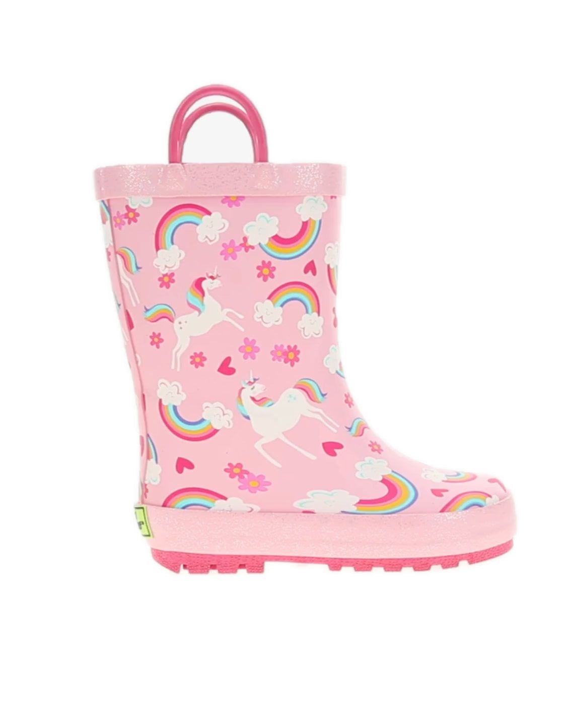 Kids unicorn fields rain boot pink - Rotating product video 