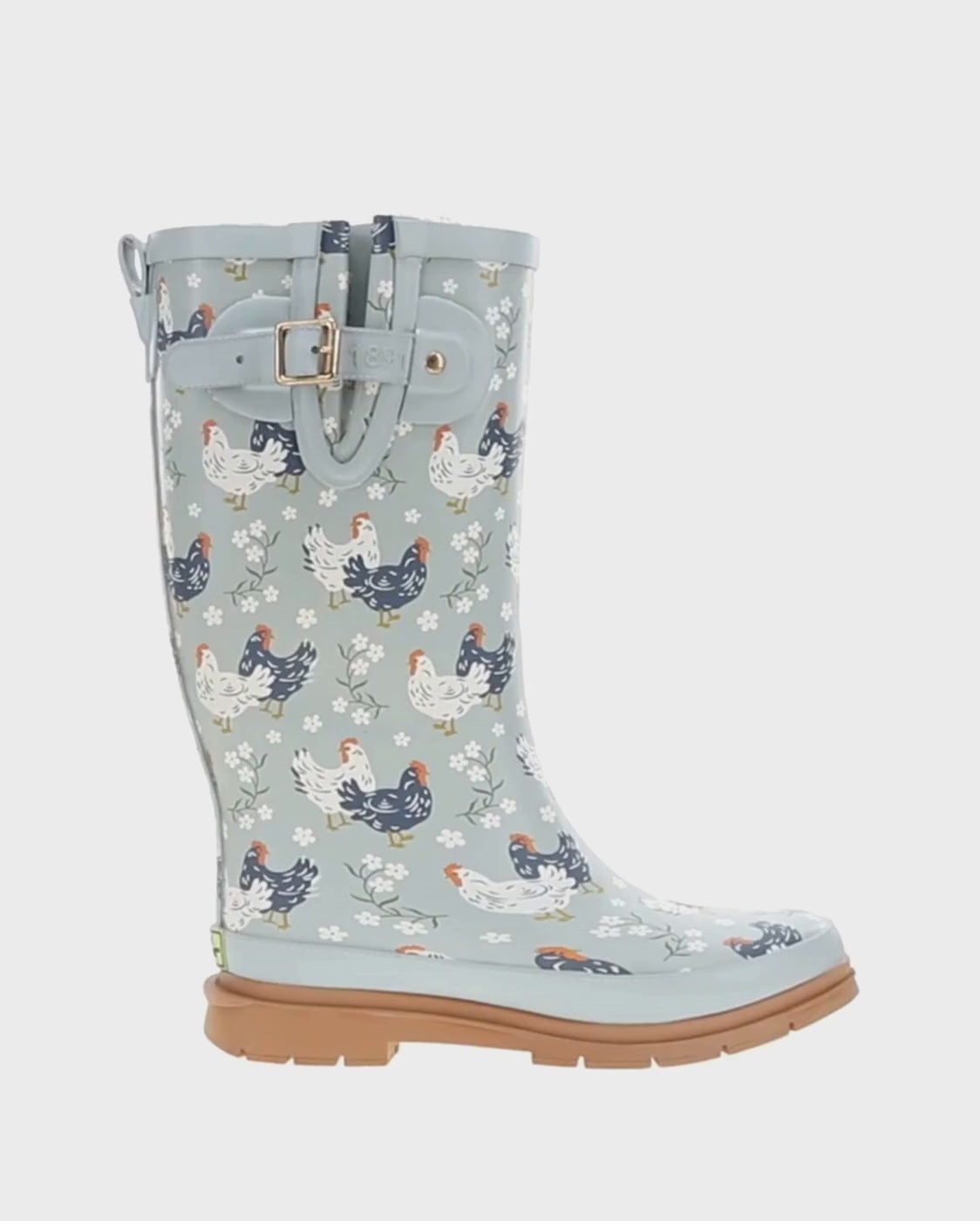 Women's cottage chickens faux fur tall rain boot blue - Rotating product video 