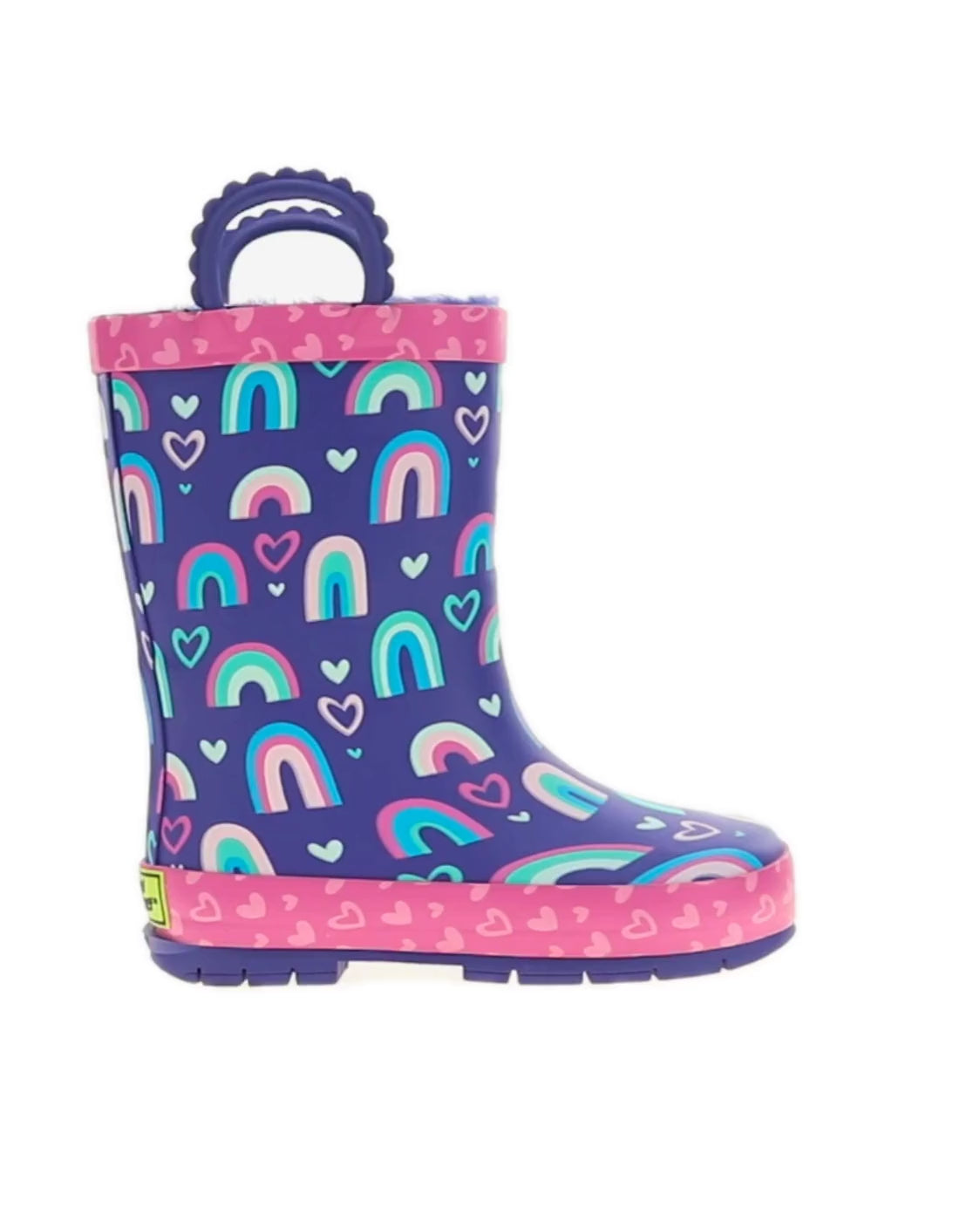 Kids rainbow heart faux fur rain boot purple - Rotating product video 